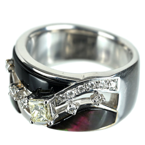 【中古】TASAKI タサキ K18WG オニキス/シェル DIAMONDダイヤモンドリング 0.28ct 0.13ct 11.8g #12