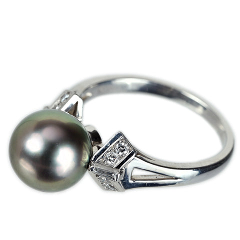 【中古】MIKIMOTO ミキモト Pt900 PEARL 黒蝶パールリング 10.0mm D0.22ct 6.3g #16