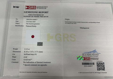 【中古】PT900 RUBYマダガスカル産非加熱ルビーリング R2.12ct D1.10ct GRS鑑別書 7.9g #13