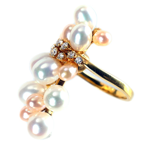 【中古】K18YG 淡水パールリング 3.5mm~6.5mm D0.21ct 9.4g #10.5