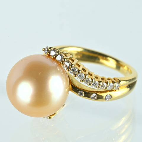 【中古】K18YG GOLDEN PEARLゴールデンパールリング 12.9mm D0.50ct 9.5g #11.5