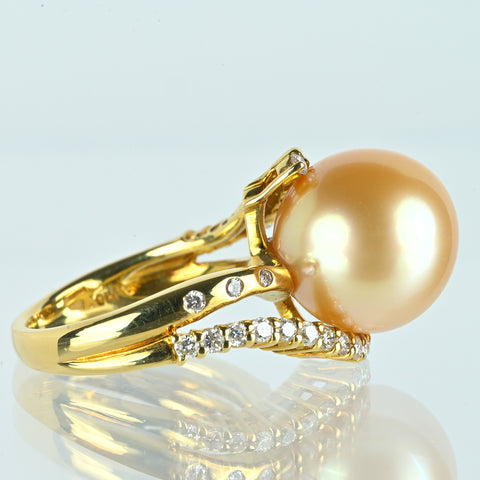 【中古】K18YG GOLDEN PEARLゴールデンパールリング 12.9mm D0.50ct 9.5g #11.5
