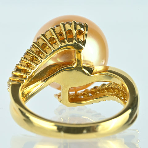 【中古】K18YG GOLDEN PEARLゴールデンパールリング 12.9mm D0.50ct 9.5g #11.5