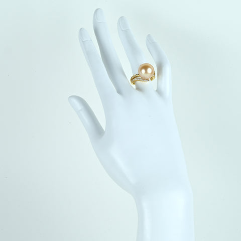 【中古】K18YG GOLDEN PEARLゴールデンパールリング 12.9mm D0.50ct 9.5g #11.5