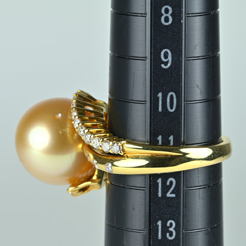 【中古】K18YG GOLDEN PEARLゴールデンパールリング 12.9mm D0.50ct 9.5g #11.5