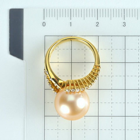 【中古】K18YG GOLDEN PEARLゴールデンパールリング 12.9mm D0.50ct 9.5g #11.5