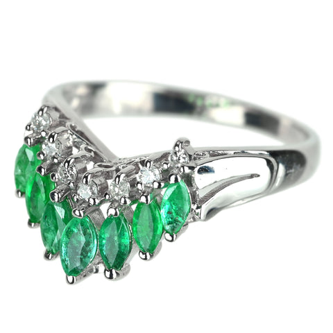 【中古】PT900 EMERALD エメラルド Vラインリング E0.60ct D0.10ct 5.0g #13.5