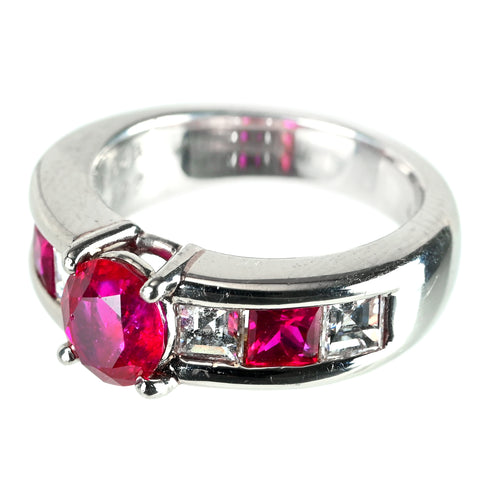 【中古】PT900 Ruby 非加熱 ルビー リング R1.297ct D0.832ct R0.643ct GIA鑑別書付き 10.9g