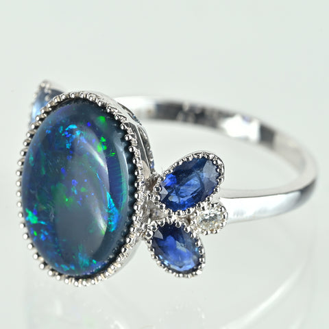 【中古】K18WG BLACK OPALブラックオパール サファイアリング BO4.10ct S1.19ct 日宝協ソーティング 4.1g #14