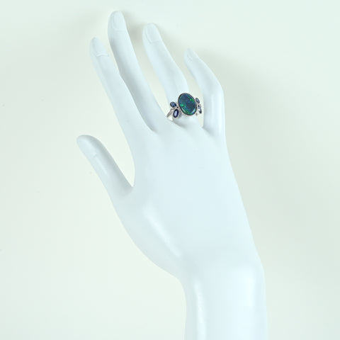 【中古】K18WG BLACK OPALブラックオパール サファイアリング BO4.10ct S1.19ct 日宝協ソーティング 4.1g #14