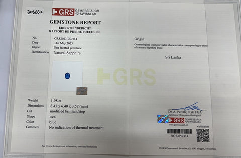【中古】K18WG SAPPHIRE非加熱サファイアリング S1.98ct D0.40ct GRS鑑別書 3.8g #14