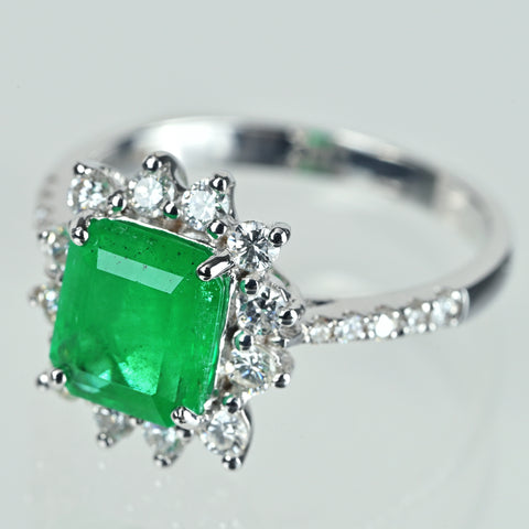 【中古】 K18WG EMERALDエメラルドリング E1.77ct D0.55ct 3.9g #14