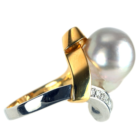 【中古】 K18YG/PT900 PEARL 南洋バロックパールリング 12.1mm D0.16ct 13.5g #14.5