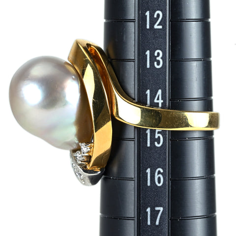 【中古】 K18YG/PT900 PEARL 南洋バロックパールリング 12.1mm D0.16ct 13.5g #14.5