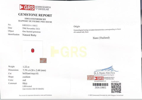 【中古】PT900 RUBY タイ産ルビーリング R1.22ct D0.65ct GRS鑑別書 6.1g #8