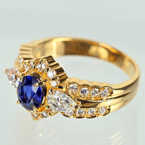 【中古】K18YG SAPPHIRE サファイアリング S0.77ct D0.64ct 5.3g #9.5