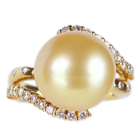 【中古】K18YG GOLDEN PEARLゴールデンパールリング 12.9mm D0.50ct 9.5g #11.5