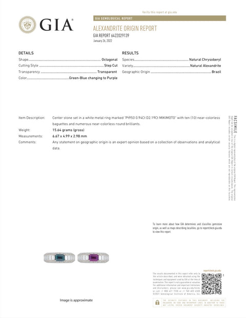【中古】MIKIMOTO PT950 ALEXANDRITE 上質アレキサンドライトリング A0.94ct D2.19ct GIA鑑別 15.6g #11.5