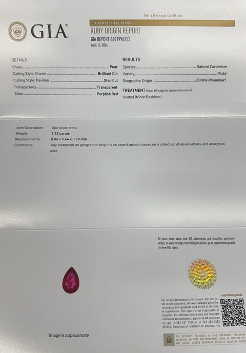 Pre-owned 18K Yellow Gold Myanmar Ruby Ring, Burmese Ruby, 1.13ct, 1.03ct, 0.74ct, GIA Certificate, 8.9g, #12 