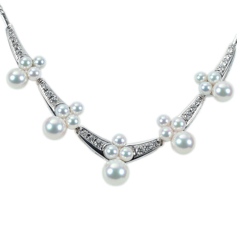 【中古】MIKIMOTO ミキモト K18WG AKOTYA PEARL DAIMOND NECKLACEアコヤパール/ダイヤモンドネックレス P3.8-7.5mm 19.3g ONE PRICE