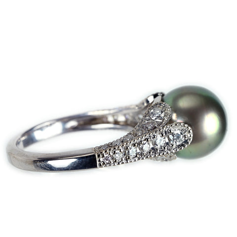 【中古】K18WG タヒチパールリング P9.1mm D0.51ct 5.3g #10