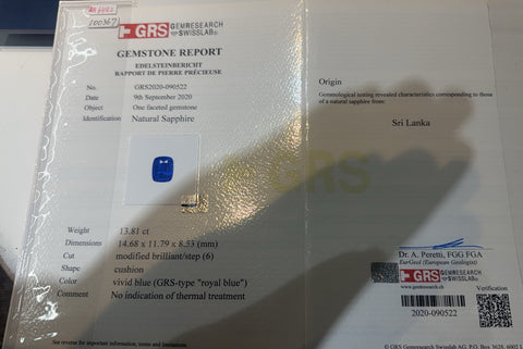 Pre-owned PT900 No Heat Sapphire Ring, Sri Lankan, Unheated Sapphire, S13.81ct, D2.89ct, Royal Blue, GRS Certificate, 16.6g, #11 