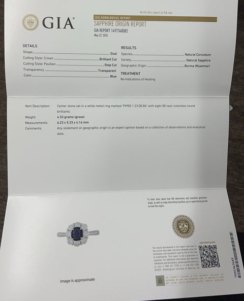 【中古】PT950 SAPPHIRE RING ビルマ産非加熱サファイアリング S1.23ct D0.86ct GIA鑑別書 4.4g #13