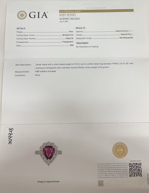 Pre-owned PT900 No Heat Ruby Ring, 2.33ct diameter, 1.60ct diameter, GIA certificate, 6.6g, #13 
