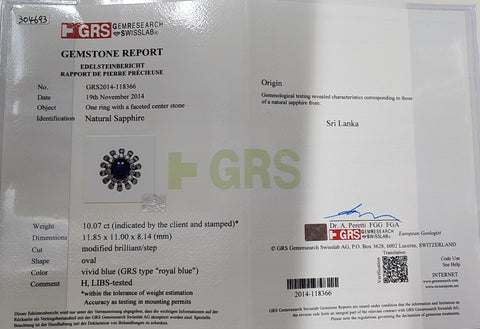 【中古】PT900 SAPPHIREスリランカ産サファイアリング S10.07ct D3.26ct GRSロイヤルブルー鑑別書 21.5g #12.5