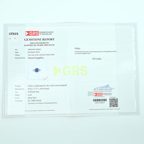 【中古】PT900 SAPPHIRE RING スリランカ産 サファイアリング S4.84ct D1.05ct GRS鑑別書 7.5g #11