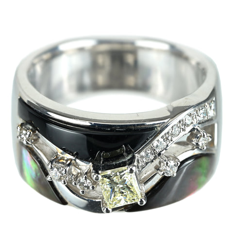 【中古】TASAKI タサキ K18WG オニキス/シェル DIAMONDダイヤモンドリング 0.28ct 0.13ct 11.8g #12