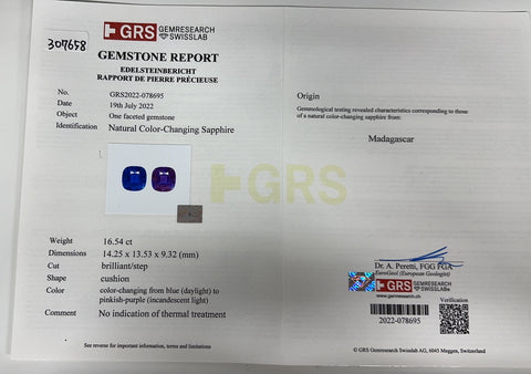 【中古】 PT950 NO-HEAT COLOR- CHANGING SAPPHIRE RING 非加熱カラーチェンジサファイアリング  S16.54ct D1.71ct GRS鑑別書 12.0g