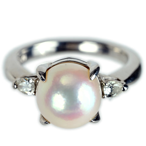 【中古】PT850 AKOYA PEARL アコヤパールリング 9.5mm D 0.18ct 7.7g #12 R