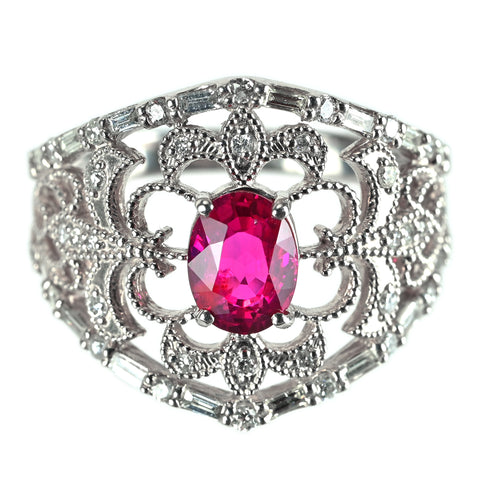 【中古】PT900 RUBY ルビーリング R1.05ct D0.45ct 6.8g ＃13 モザンビーク産 GIA産地証明鑑別書付き