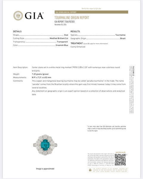 【中古】PT950 PARAIBA TOURMALINE RING ブラジル産パライバトルマリンリング PT2.85ct D2.33ct GRS/GIA鑑別書 7.2g #12