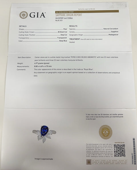 【中古】MIKIMOTO ミキモト PT950 SAPPHIRE RING マダガスカル産ロイヤルブルーサファイアリング S2.00ct D0.83ct GIA鑑別書 6.9g #11 ONE PRICE