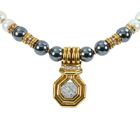 Pre-owned CHAUMET K18YG/WG Diamond Pendant with Pearl and Hematite Choker, 7.7-8.0mm, 32cm, 56.1g, One Price 