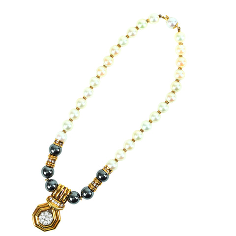 Pre-owned CHAUMET K18YG/WG Diamond Pendant with Pearl and Hematite Choker, 7.7-8.0mm, 32cm, 56.1g, One Price 