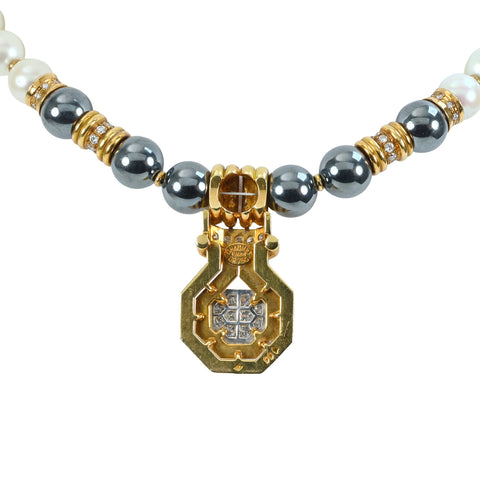 Pre-owned CHAUMET K18YG/WG Diamond Pendant with Pearl and Hematite Choker, 7.7-8.0mm, 32cm, 56.1g, One Price 