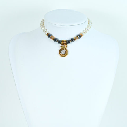 Pre-owned CHAUMET K18YG/WG Diamond Pendant with Pearl and Hematite Choker, 7.7-8.0mm, 32cm, 56.1g, One Price 