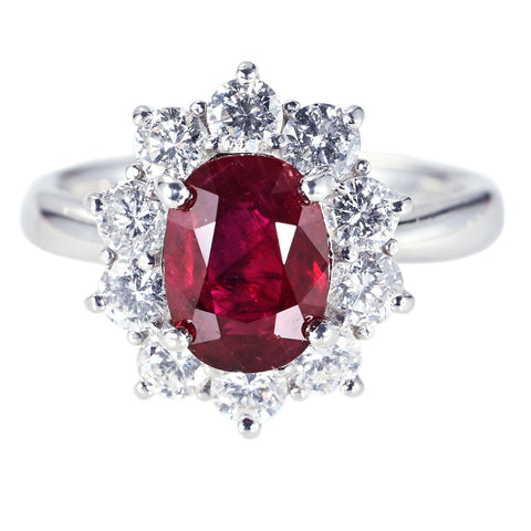 【中古】PT900 MYNMAR NO HEAT RUBY RING ミャンマー産非加熱ルビーリング R2.05ct D1.14ct GRS鑑別書 7.7g #12.5