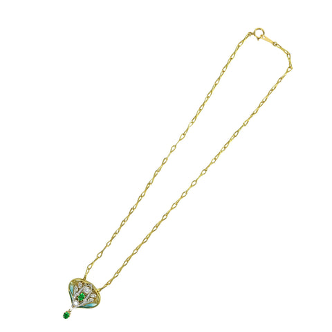 Pre-owned K18/PT900/Enamel Emerald and Diamond Pendant Necklace, E0.78ct, D1.35ct, D0.14ct, 17.5g