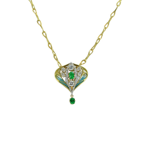 Pre-owned K18/PT900/Enamel Emerald and Diamond Pendant Necklace, E0.78ct, D1.35ct, D0.14ct, 17.5g