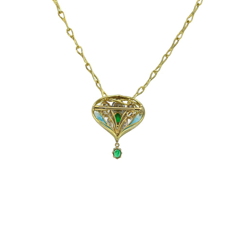 Pre-owned K18/PT900/Enamel Emerald and Diamond Pendant Necklace, E0.78ct, D1.35ct, D0.14ct, 17.5g