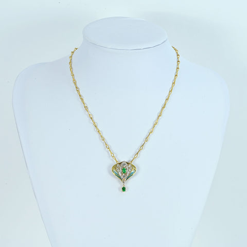 Pre-owned K18/PT900/Enamel Emerald and Diamond Pendant Necklace, E0.78ct, D1.35ct, D0.14ct, 17.5g