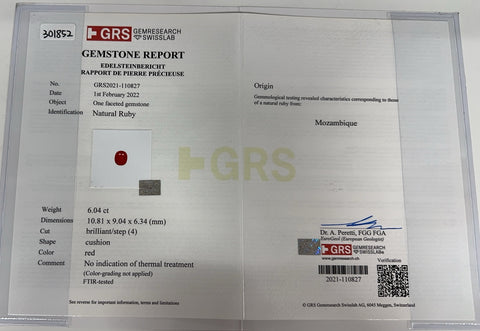 Pre-owned PT950 No Heat Ruby Ring, Mozambique, 6.04ct R, 2.45ct D, GRS Certificate, 12.6g, #12.5 