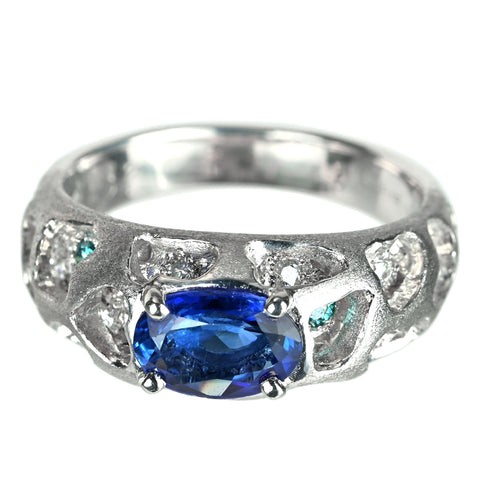 【中古】PT900 SAPPHIRE サファイアリング S1.12ct D0.28ct 9.2g #11.5