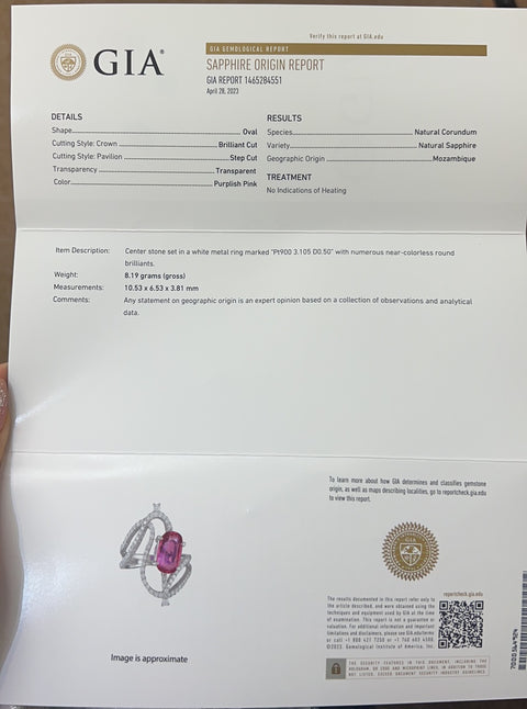 Pre-owned PT900 NO HEAT PINK SAPPIRE RING, Mozambique, 3.105ct PS, 0.50ct D, GIA Certificate, 8.1g, #12 