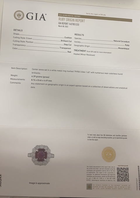 【中古】PT950 RUBY RING モザンビーク産ルビーリング R3.064ct D1.60ct GIA鑑別書 6.4g ＃12
