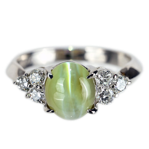【中古】 PT900 クリソベリルキャッツアイリング CE2.51ct D0.32ct 中央宝石研究所ソーティング 4.8g #10.5